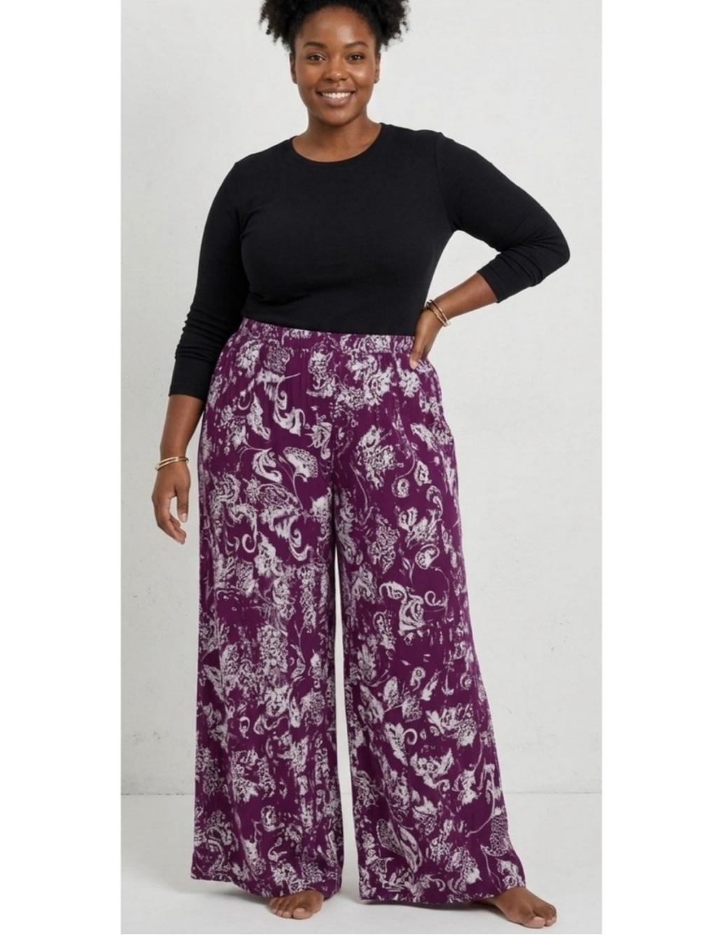 Liz Claiborne Maroon and White Floral Wide Leg Pants